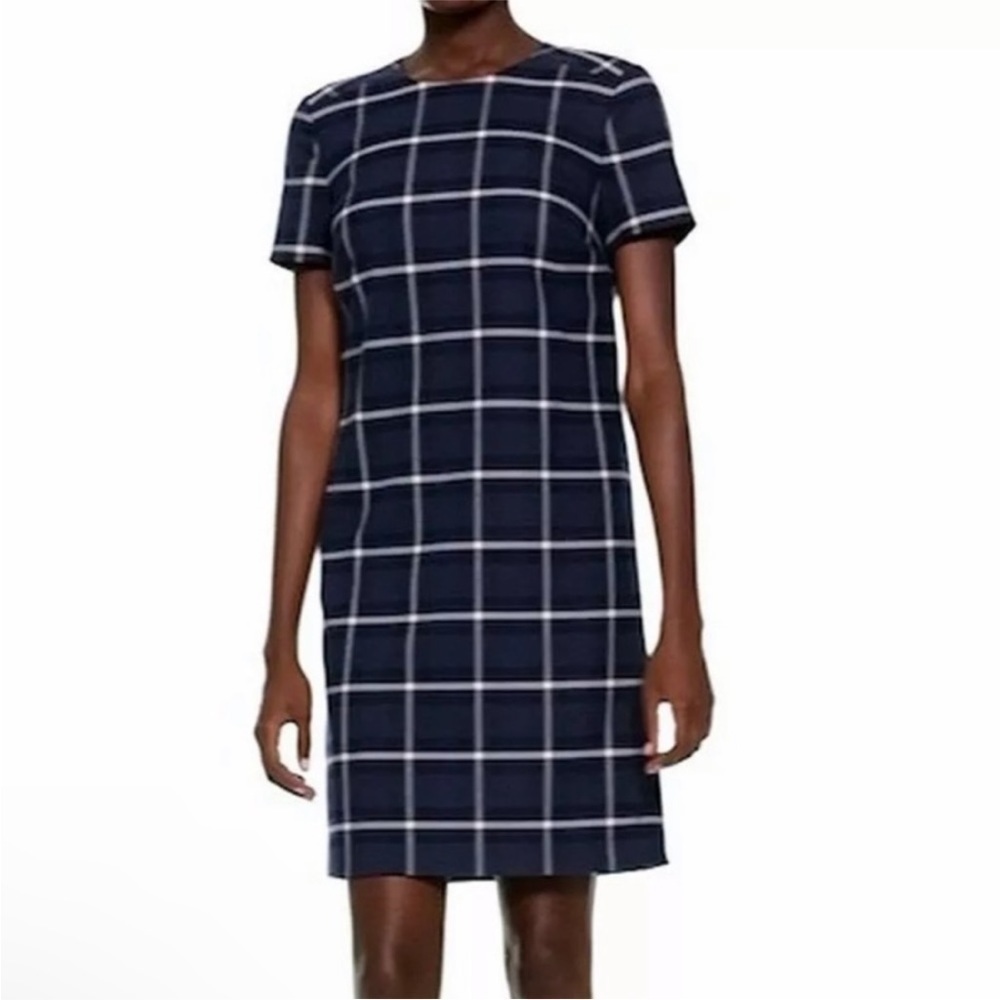 Banana Republic Plaid Shift Dress Blue White Short Sleeve Office Career Work